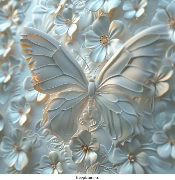 White Butterfly Wings and Flowers Wall Sculpture