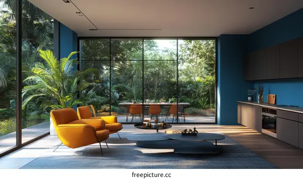 Modern Tropical Living Room and Kitchen Design Illustration