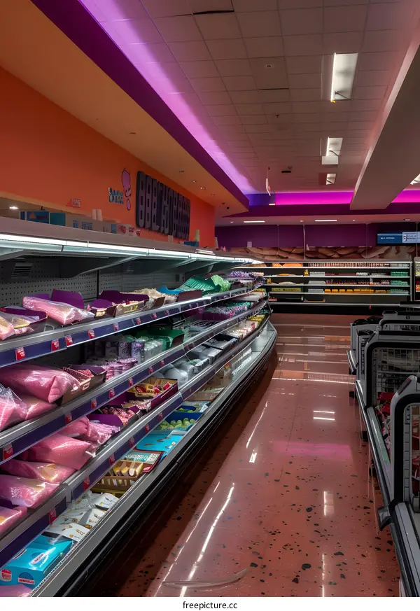 Grocery Store with Colorful Lighting and Shelves of Products