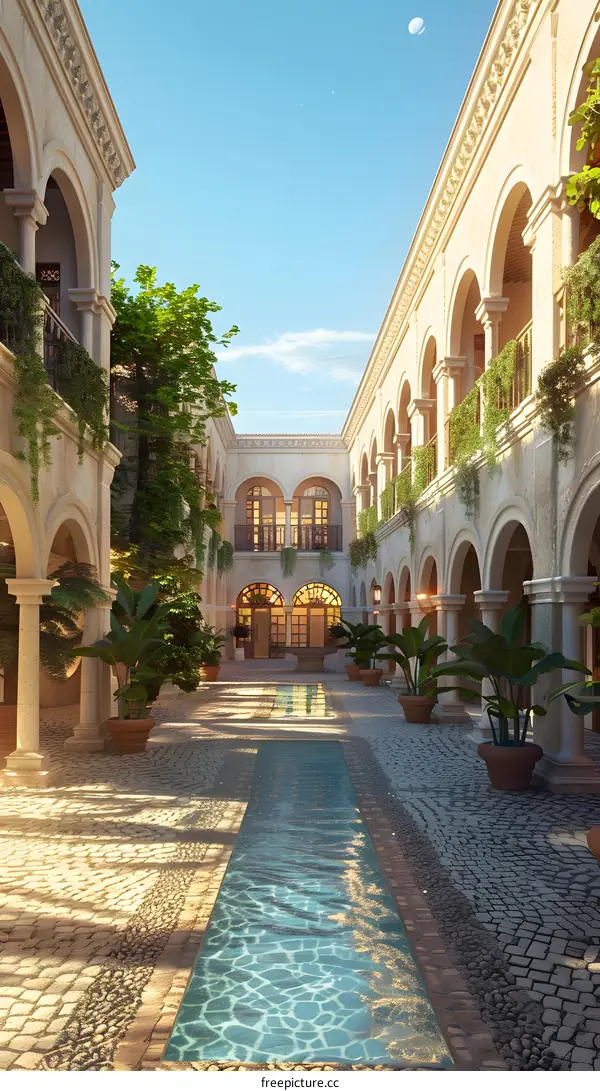 Spanish Courtyard With Water Feature And Arched Windows