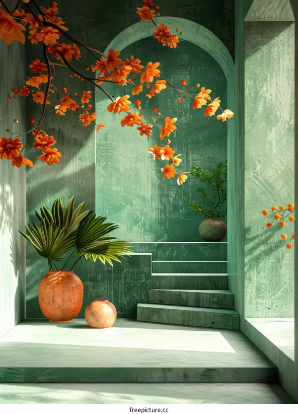 Tranquil Green Room Decorated with Geometric Architecture and Sunlit Plants