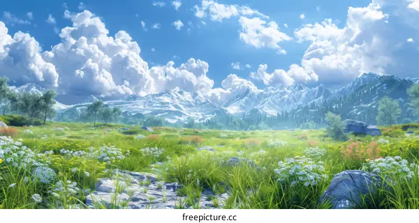 Peaceful Nature Field Grassland Mountain Sky Clouds 4K