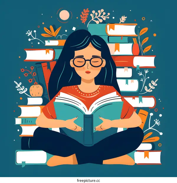 Girl Sitting and Reading a Book with Stacks of Books Around Her