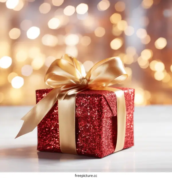 Red Glitter Gift Box with Gold Ribbon