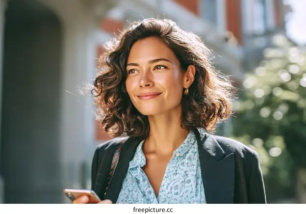 Confident Woman Outdoors Using Smartphone