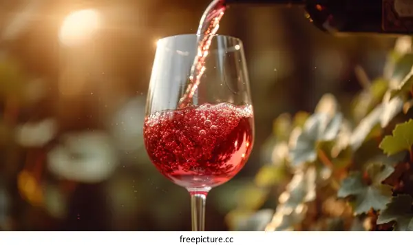 Close-up of red wine being poured into a glass in a vineyard
