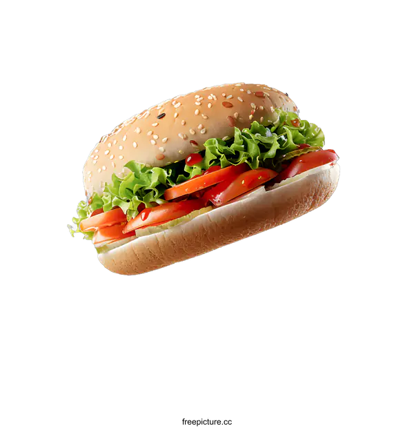 [Transparent Background PNG]A delicious-looking burger with sesame seeds on the bun and lettuce, tomato, and onion toppings.