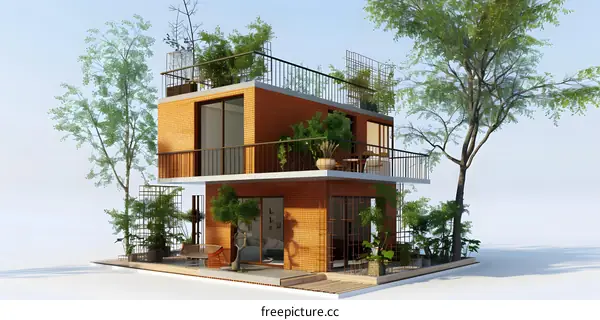 Modern Minimalist Design Brick House with Green Plants