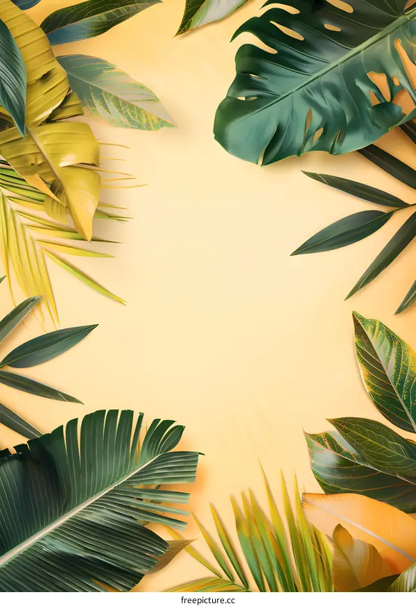 Tropical Leaves Frame on Yellow Background