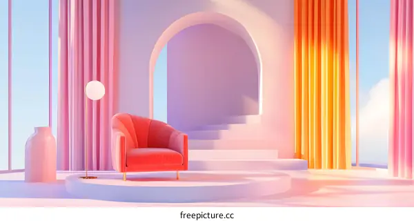 Pink and Orange Room with an Archway and a Chair