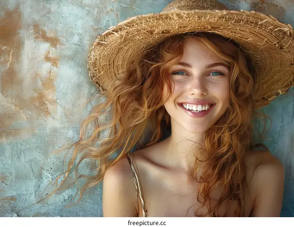 Smiling Redhead Model in Summer Straw Hat