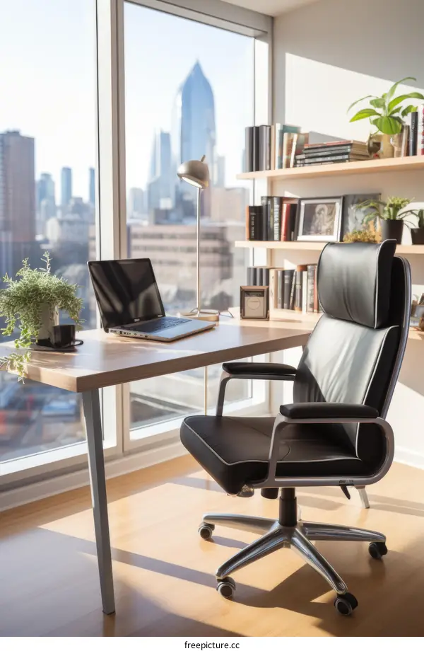 Desk with a laptop and a chair in front of a window
