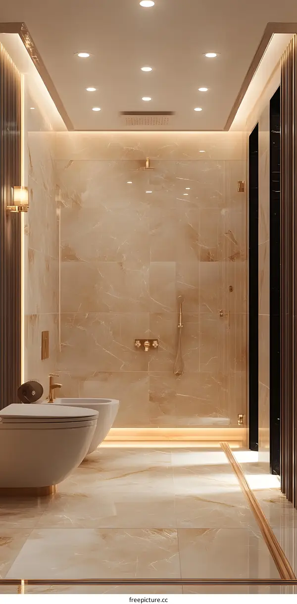 Modern Bathroom Interior Design with Marble Walls and Gold Accents