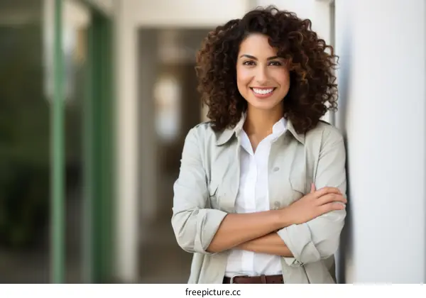 Portrait of a young woman with curly hair smiling
