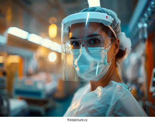 Portrait of a female doctor or nurse wearing a surgical mask, face shield, and medical gown in a hospital during the coronavirus pandemic