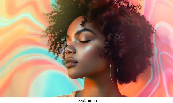 Woman with Curly Hair Posing Against Colorful Background
