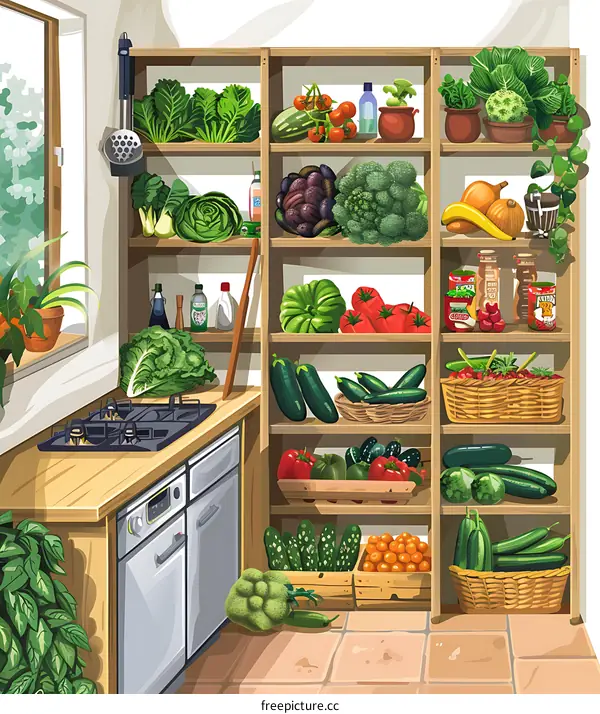 Kitchen Shelf Full Of Fresh Vegetables And Fruits