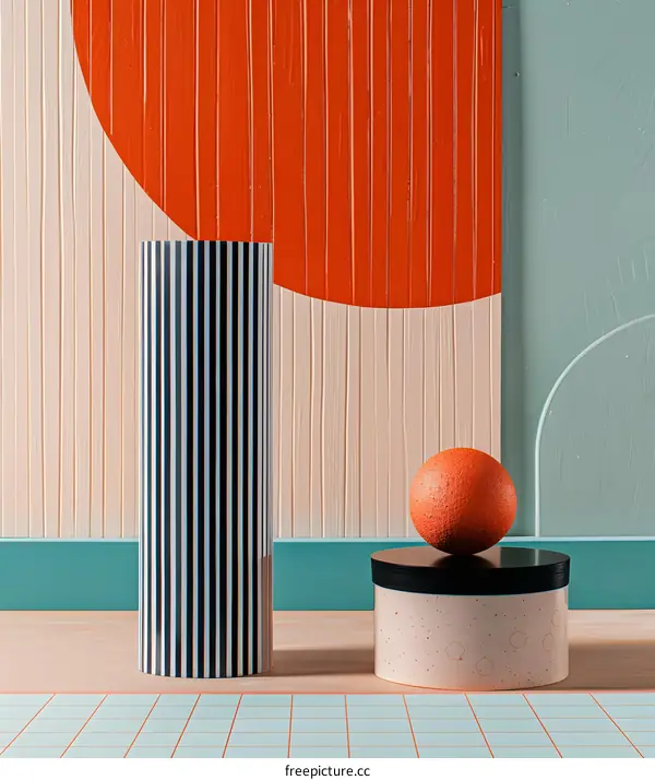 Geometric Shapes Abstract Minimalist Background Orange Sphere Striped Cylinder