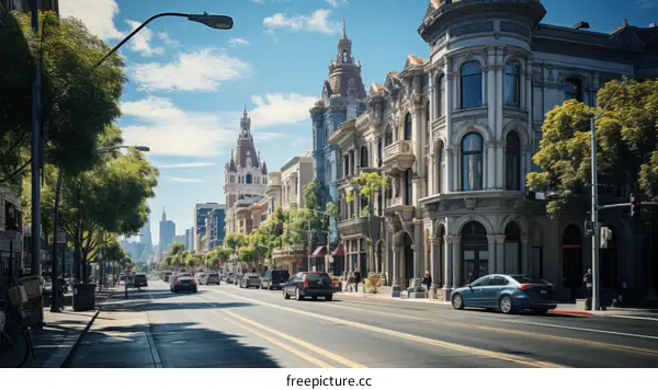 City street with old buildings and cars