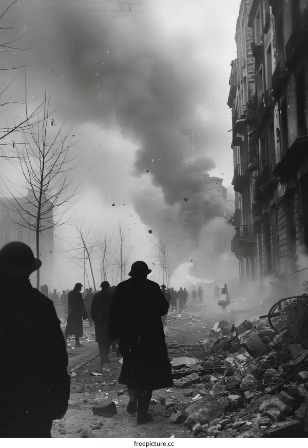 People walking through a destroyed city street during wartime