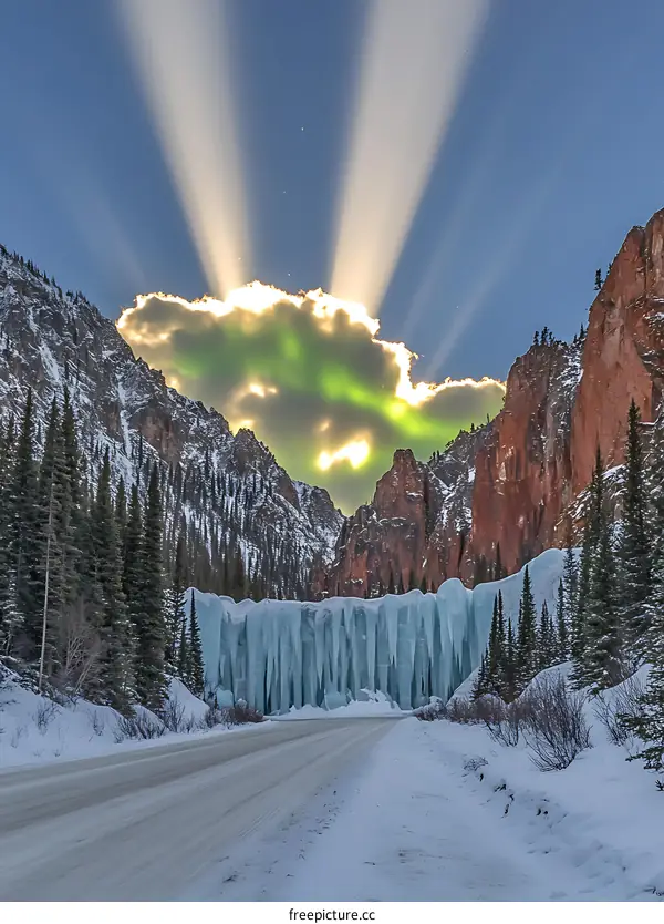 Mountain Landscape With Ice Waterfall And Sunbeams