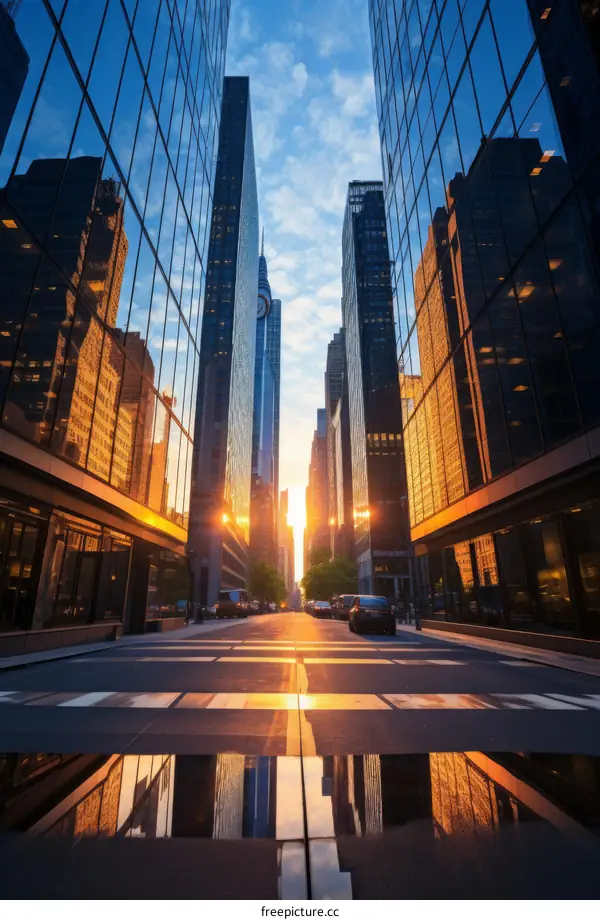 Urban City Street with Skyscrapers and Sunlight