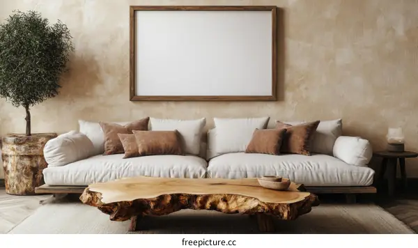 Modern Rustic Living Room with Wooden Coffee Table and Frame
