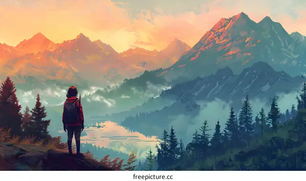 Woman Hiking Mountain Landscape with Lake