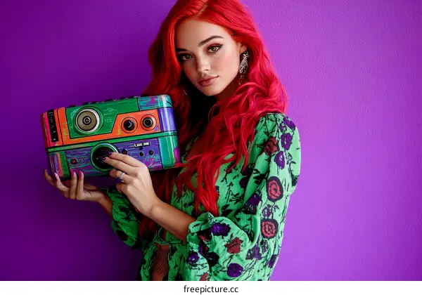 Stylish Woman Holding a Colorful Retro Radio