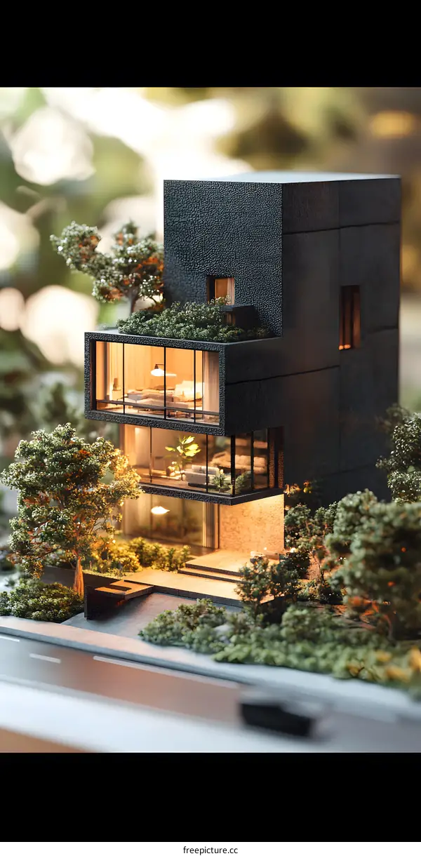Modern House Model with Green Roof and Illuminated Windows
