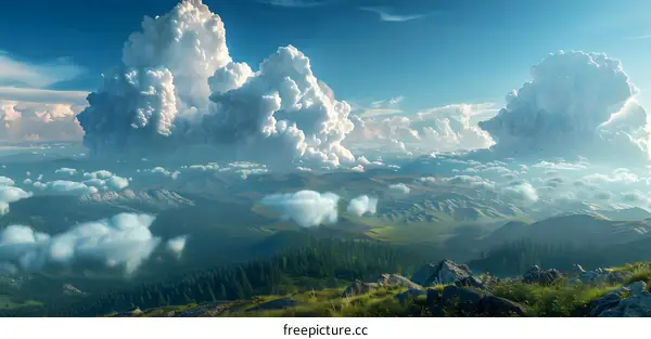 Green mountains and white clouds