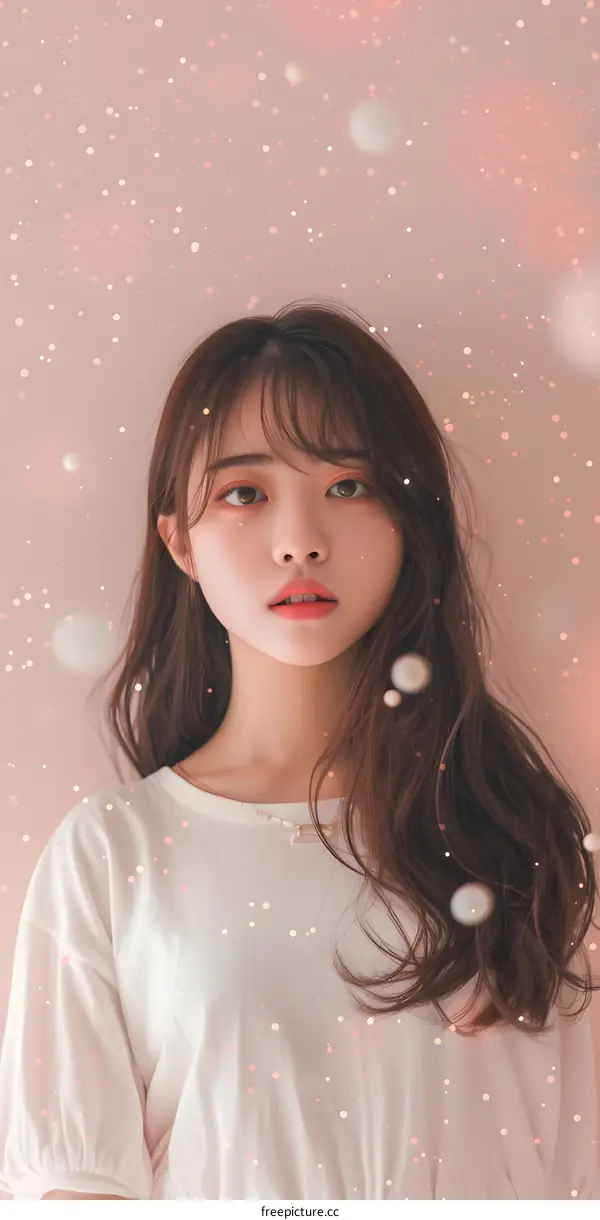 Beautiful Asian Woman with Long Hair Posing in Front of Pink Background