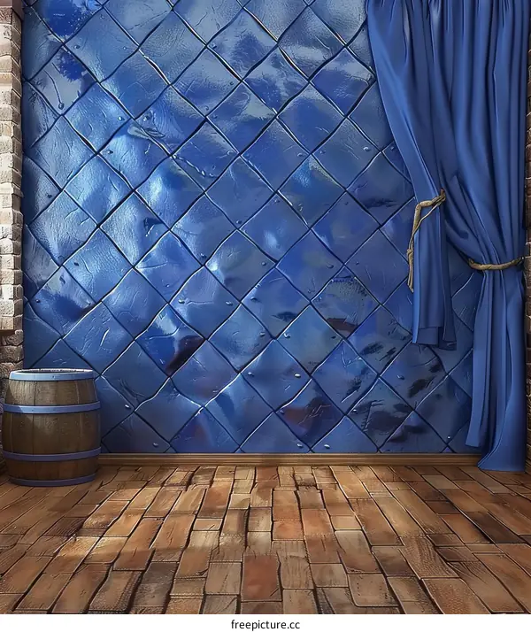 Blue Room Interior with Wooden Floor and Blue Curtains