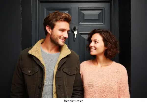 Couple Standing by the Door in front of a Dark Gray Door