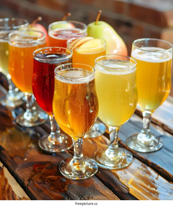 Assortment of Beers in Tasting Glasses on Wooden Table