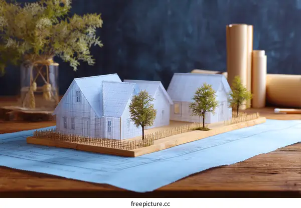 Architectural Model of Residential Homes on Blueprint