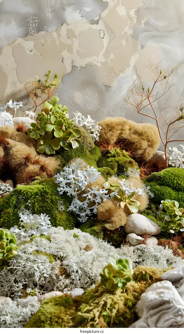 Green Moss Background Texture with White and Brown Moss