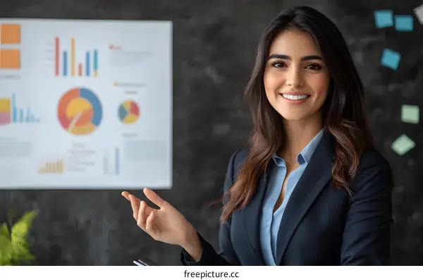 Businesswoman giving presentation, confident,  chart,  graph, office