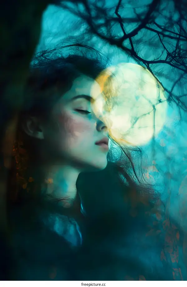 Woman With Eyes Closed In Moonlight