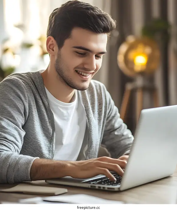 Young Man Working On Laptop In Home Office