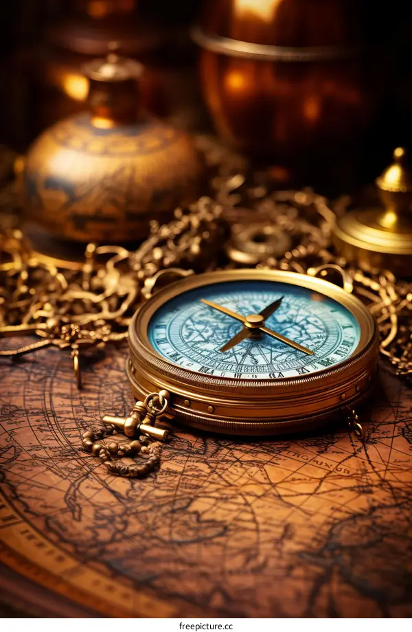 compass, map and golden accessories