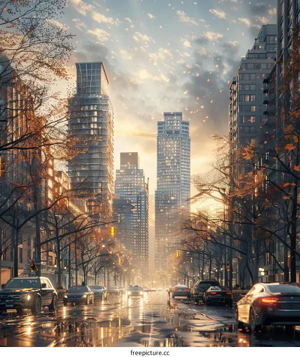 Autumn Cityscape Rainy Street Scene