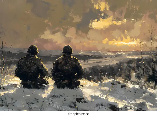 Two Soldiers Looking at the Sunset