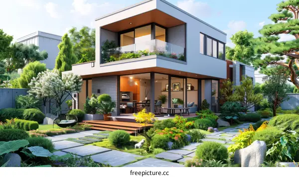 A modern house with a beautiful garden