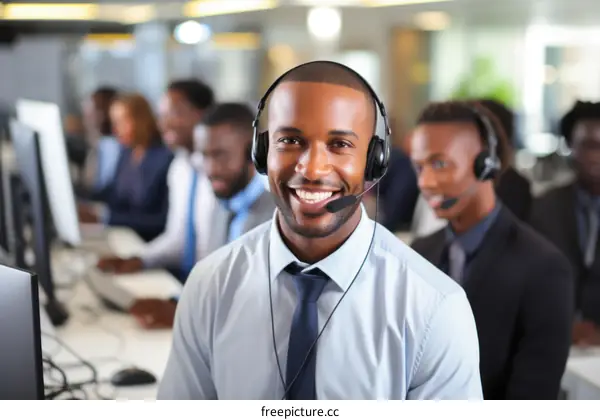 Black call center agent wearing a headset and smiling at the camera