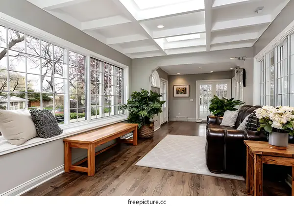 Spacious Sunroom with Large Windows and Wooden Furniture