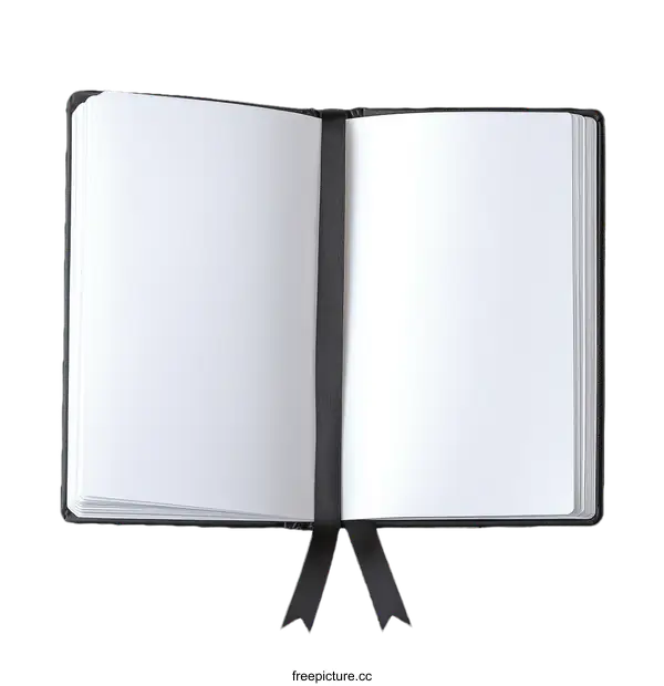 [Transparent Background PNG]Open Black Leather Notebook with Blank Pages