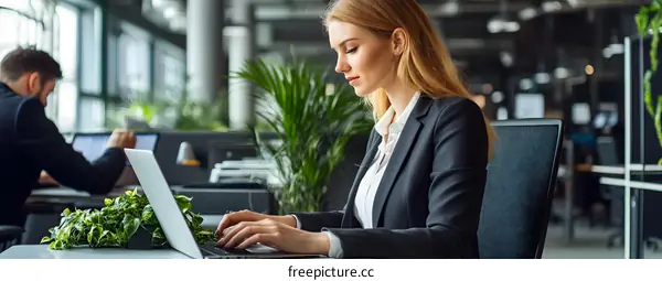 Focused Businesswoman Working on Laptop in Modern Office