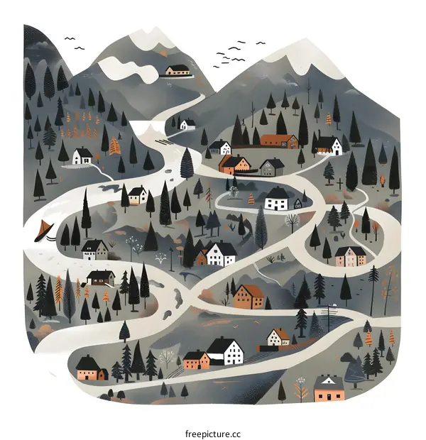 Illustrated Village in the Mountains with Winding River