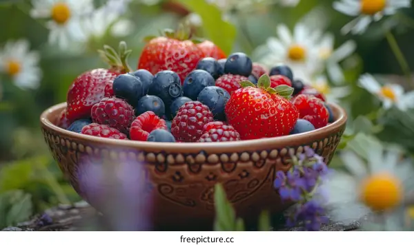 A bowl of blueberries, raspberries, and strawberries with a blurred background of flowers.